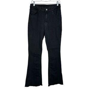 Shein Curve Black Stretch Denim Raw Hem High Rise Flare Jeans 1XL Plus Size 30